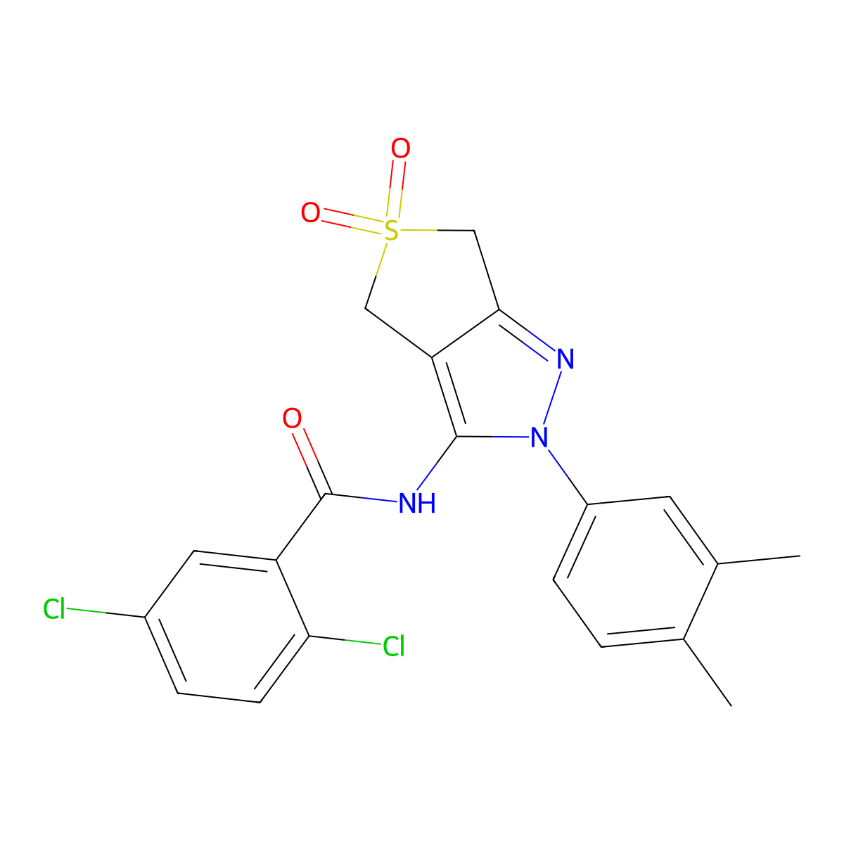 2,5-dichloro-N-(2-(3,4-dimethylphenyl)-5,5-dioxido-4,6-dihydro-2H-thieno[3,4-c]pyrazol-3-yl)benzamide molecular structure, CAS 681267-60-7