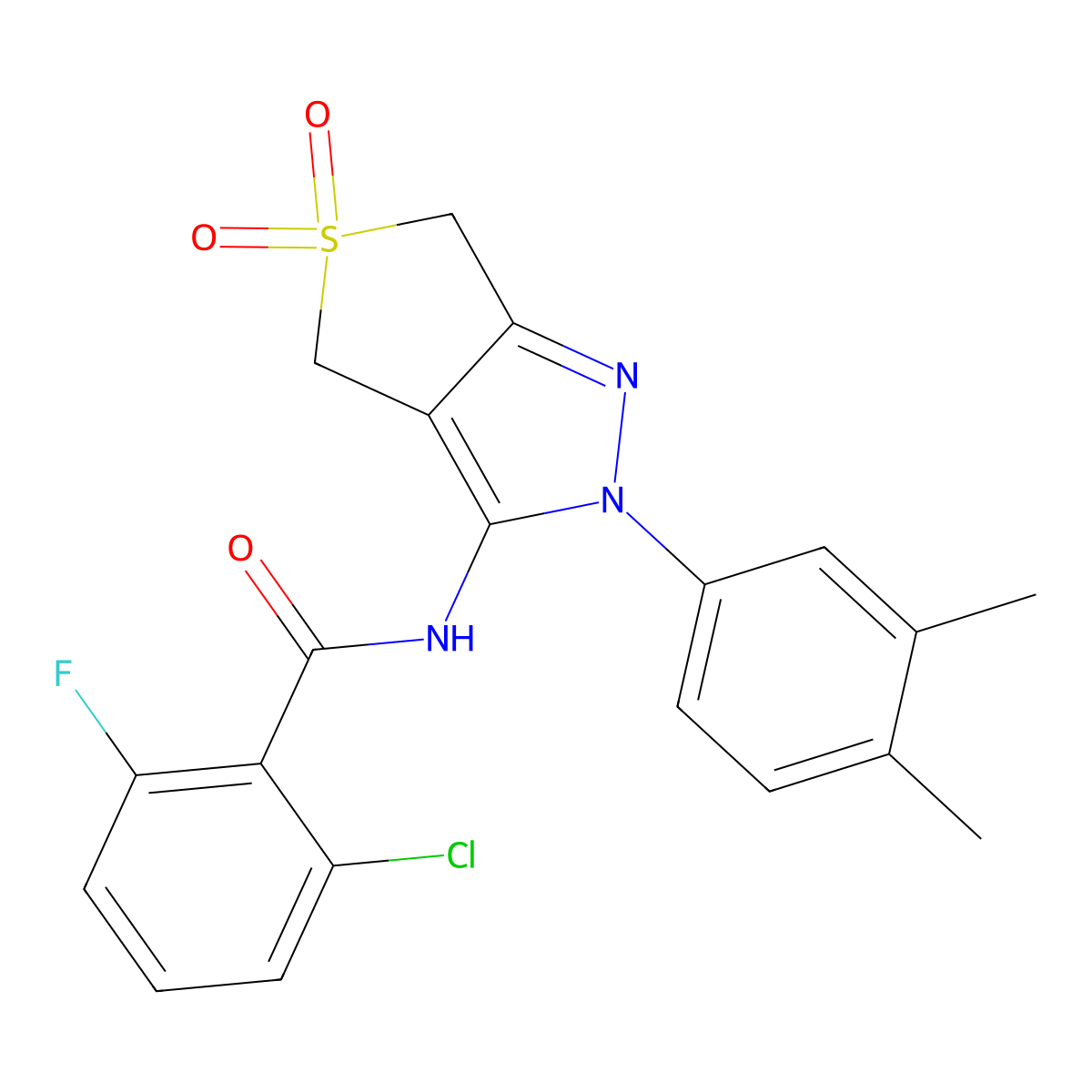 2-chloro-N-(2-(3,4-dimethylphenyl)-5,5-dioxido-4,6-dihydro-2H-thieno[3,4-c]pyrazol-3-yl)-6-fluorobenzamide molecular structure, CAS 681267-67-4