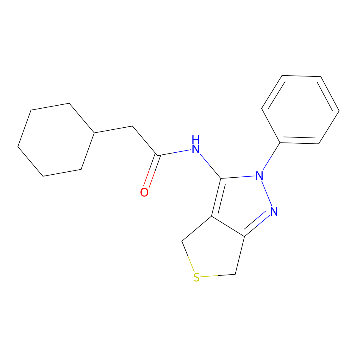 2-cyclohexyl-N-(2-phenyl-4,6-dihydro-2H-thieno[3,4-c]pyrazol-3-yl)acetamide molecular structure, CAS 681268-41-7
