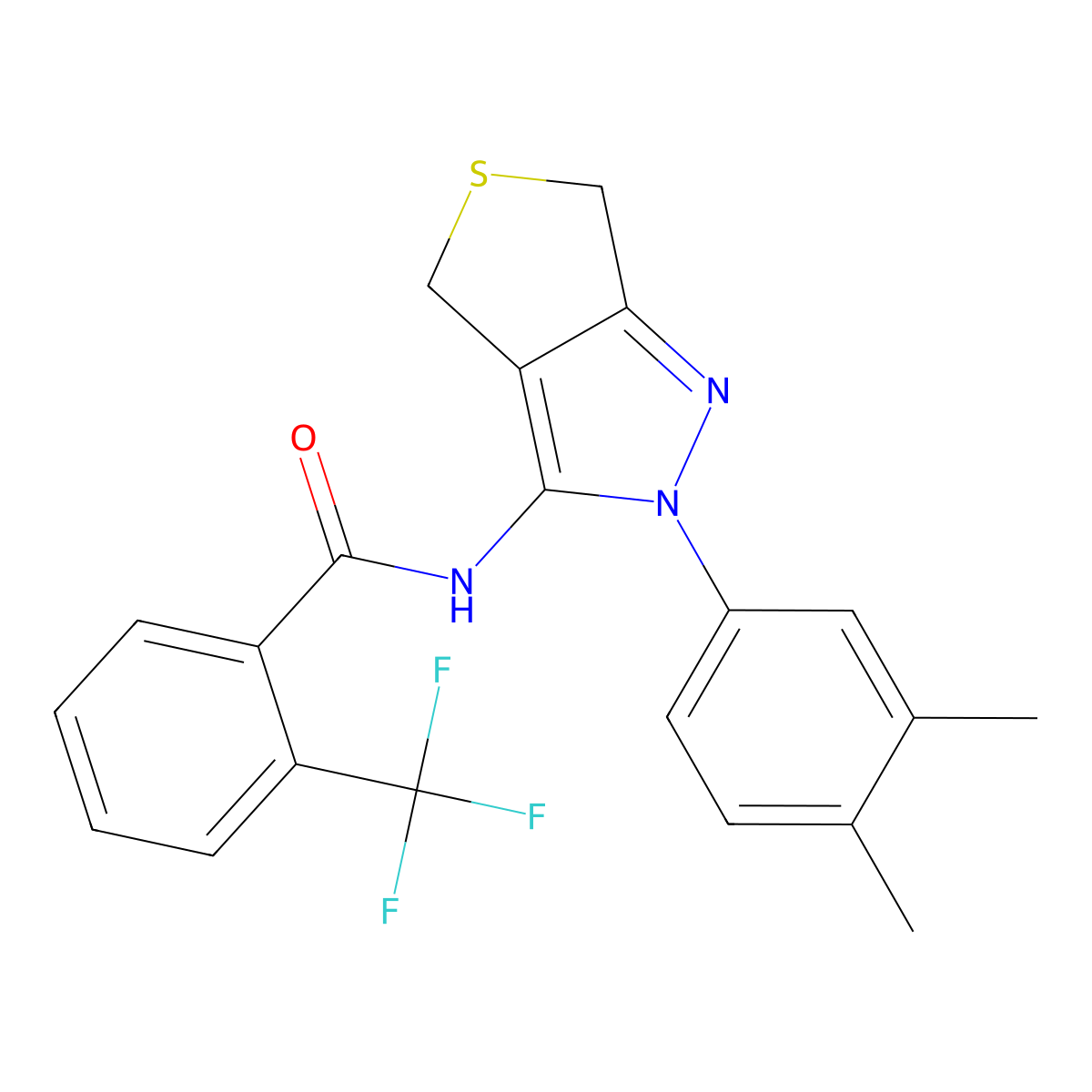 N-[2-(3,4-dimethylphenyl)-4,6-dihydrothieno[3,4-c]pyrazol-3-yl]-2-(trifluoromethyl)benzamide molecular structure, CAS 681269-31-8