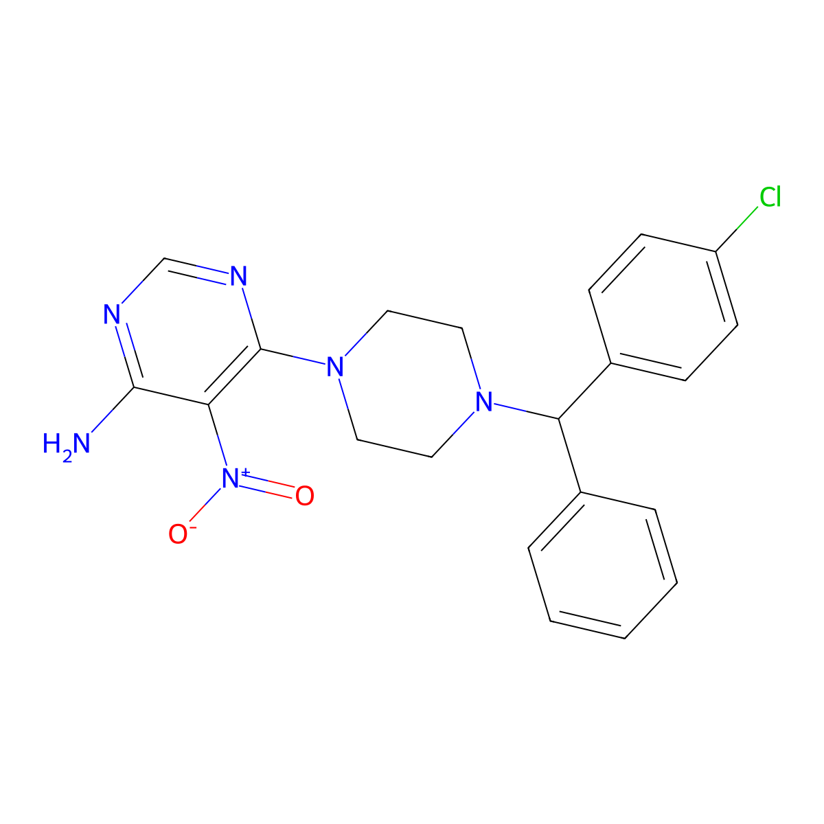 6-{4-[(4-Chlorophenyl)(phenyl)methyl]piperazin-1-yl}-5-nitropyrimidin-4-amine molecular structure, CAS 681271-51-2