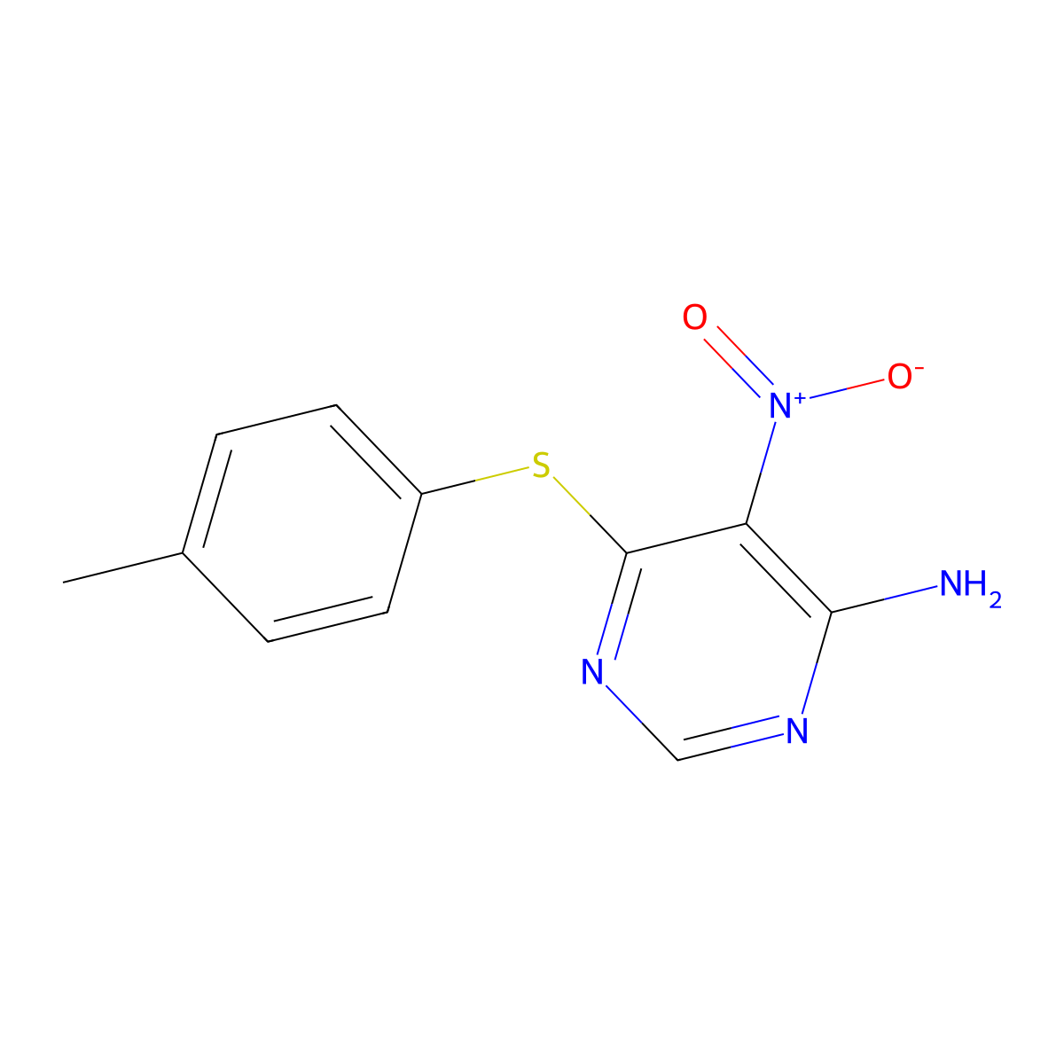 5-Nitro-6-(p-tolylthio)pyrimidin-4-amine molecular structure, CAS 681271-75-0