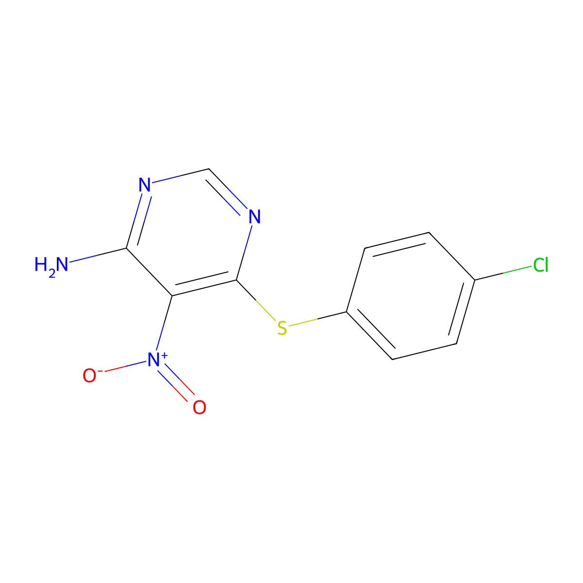 6-((4-Chlorophenyl)thio)-5-nitropyrimidin-4-amine molecular structure, CAS 681271-76-1