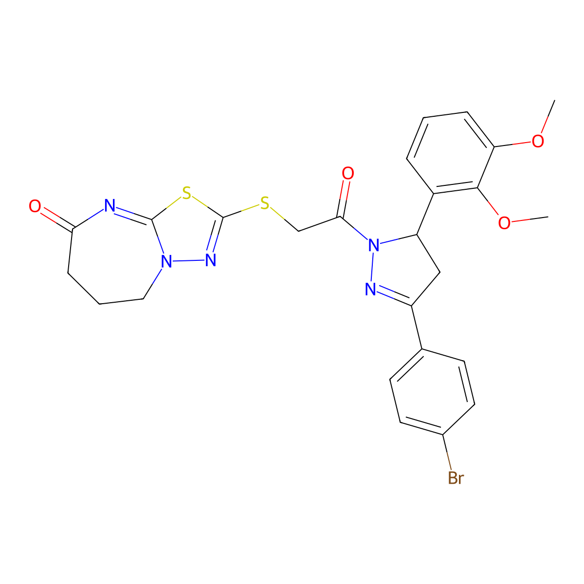 2-((2-(3-(4-bromophenyl)-5-(2,3-dimethoxyphenyl)-4,5-dihydro-1H-pyrazol-1-yl)-2-oxoethyl)thio)-6,7-dihydro-[1,3,4]thiadiazolo[3,2-a][1,3]diazepin-8(5H)-one molecular structure, CAS 681271-85-2