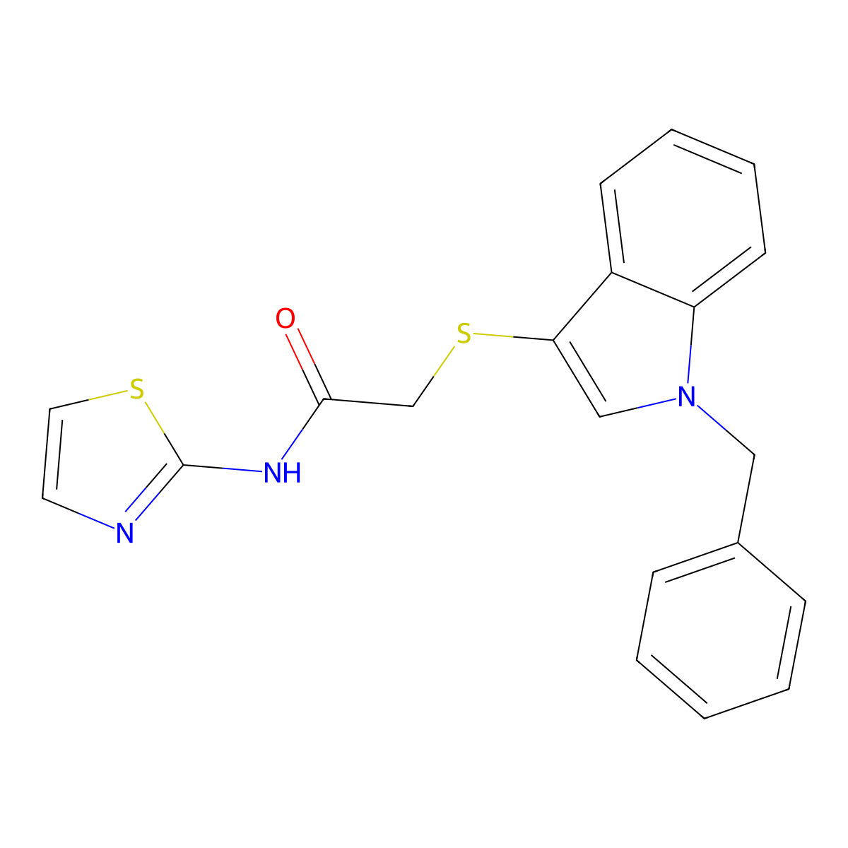 2-[[1-(phenylmethyl)-3-indolyl]thio]-N-(2-thiazolyl)acetamide molecular structure, CAS 681273-74-5