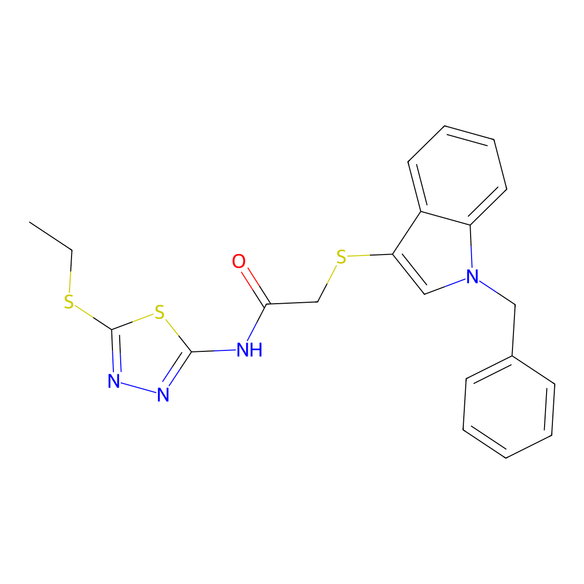 2-(1-benzylindol-3-yl)sulfanyl-N-(5-ethylsulfanyl-1,3,4-thiadiazol-2-yl)acetamide molecular structure, CAS 681273-76-7