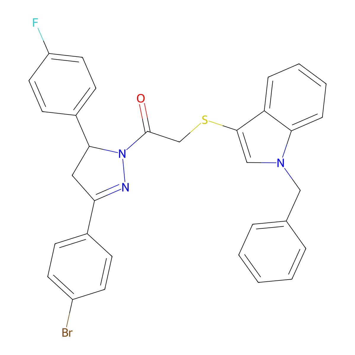 2-((1-benzyl-1H-indol-3-yl)thio)-1-(3-(4-bromophenyl)-5-(4-fluorophenyl)-4,5-dihydro-1H-pyrazol-1-yl)ethanone molecular structure, CAS 681273-79-0