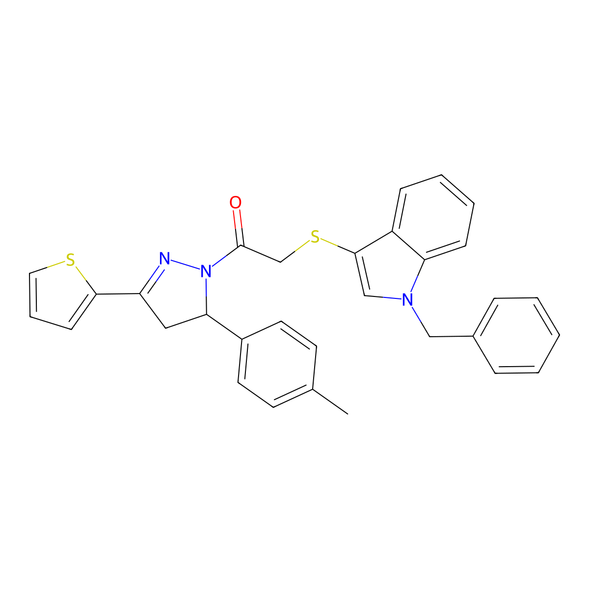 2-(1-Benzylindol-3-yl)sulfanyl-1-[3-(4-methylphenyl)-5-thiophen-2-yl-3,4-dihydropyrazol-2-yl]ethanone molecular structure, CAS 681273-83-6