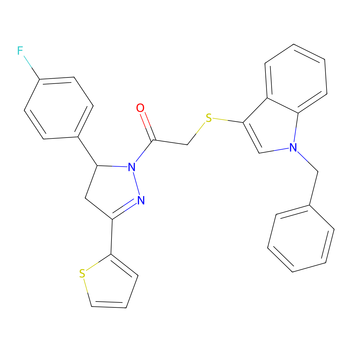 2-((1-benzyl-1H-indol-3-yl)thio)-1-(5-(4-fluorophenyl)-3-(thiophen-2-yl)-4,5-dihydro-1H-pyrazol-1-yl)ethanone molecular structure, CAS 681273-84-7