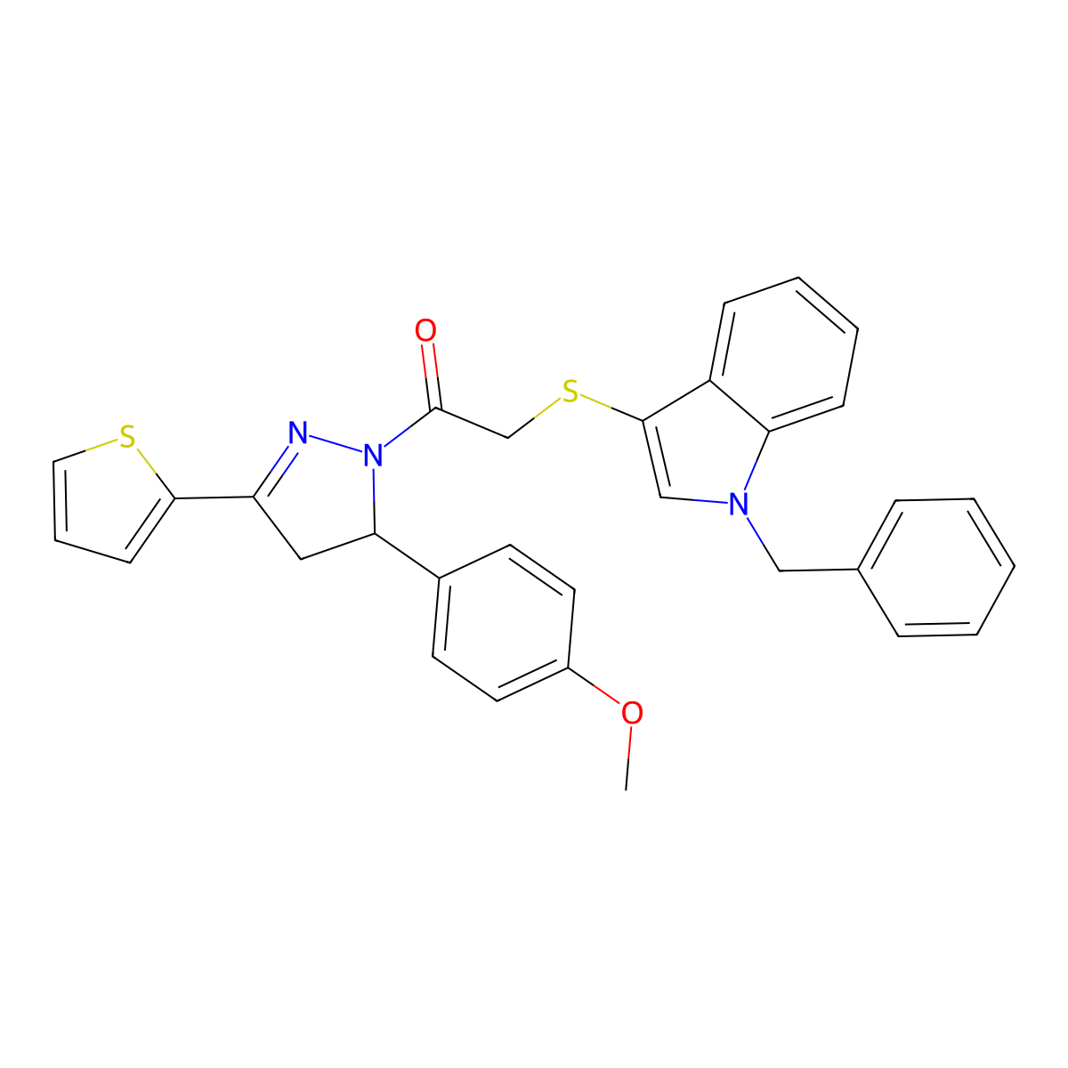 2-((1-benzyl-1H-indol-3-yl)thio)-1-(5-(4-methoxyphenyl)-3-(thiophen-2-yl)-4,5-dihydro-1H-pyrazol-1-yl)ethanone molecular structure, CAS 681273-85-8