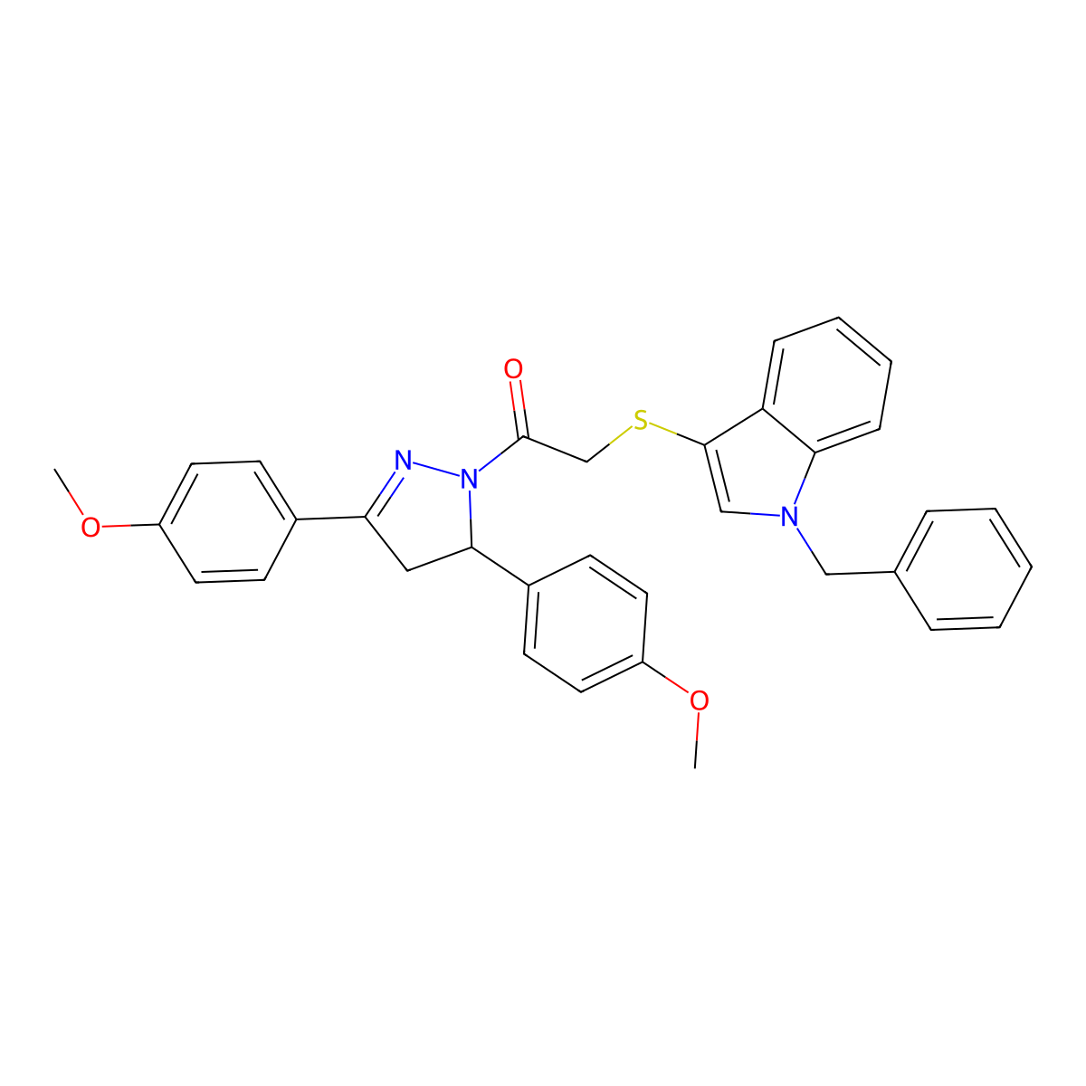 2-((1-benzyl-1H-indol-3-yl)thio)-1-(3,5-bis(4-methoxyphenyl)-4,5-dihydro-1H-pyrazol-1-yl)ethanone molecular structure, CAS 681273-86-9
