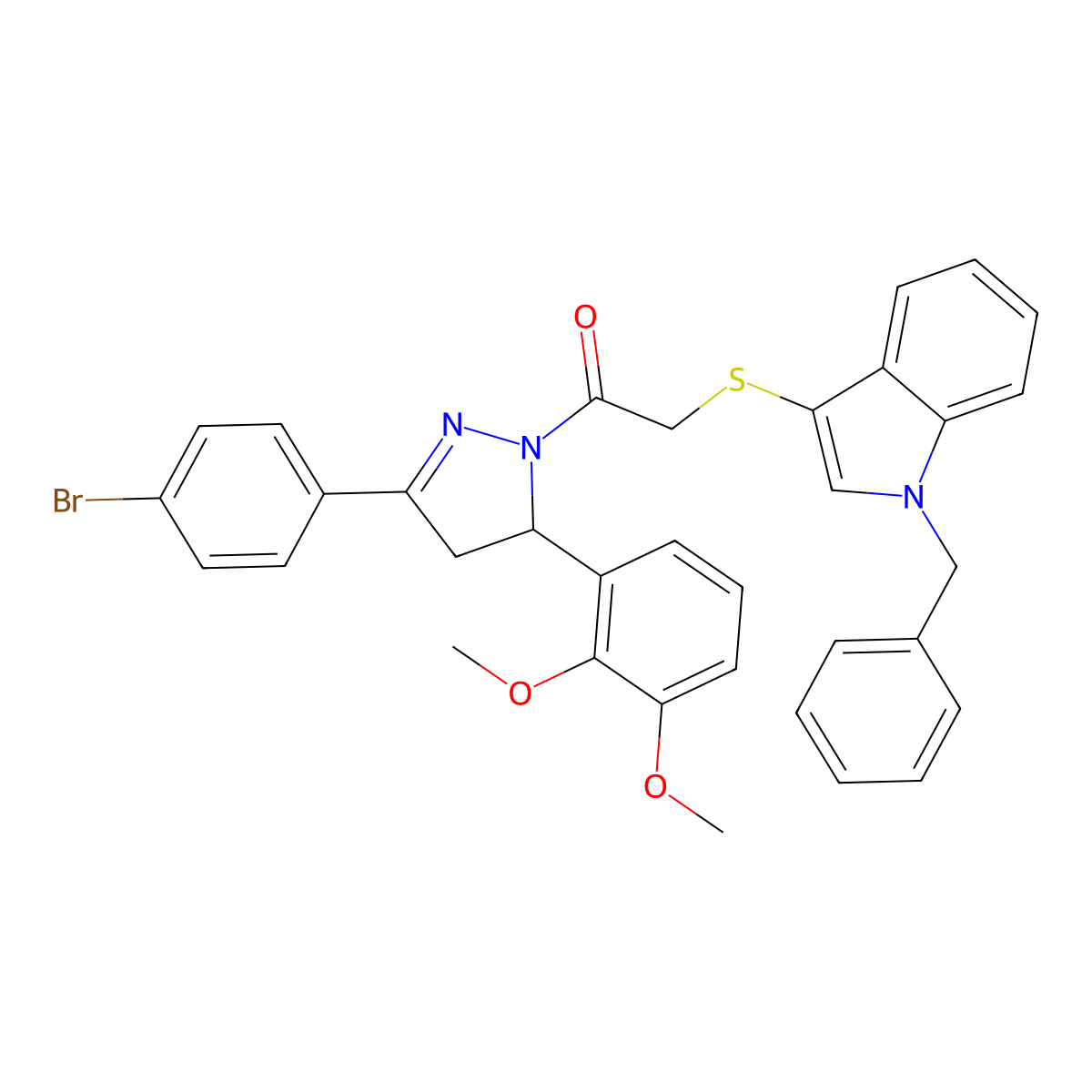 2-(1-Benzylindol-3-yl)sulfanyl-1-[5-(4-bromophenyl)-3-(2,3-dimethoxyphenyl)-3,4-dihydropyrazol-2-yl]ethanone molecular structure, CAS 681273-89-2