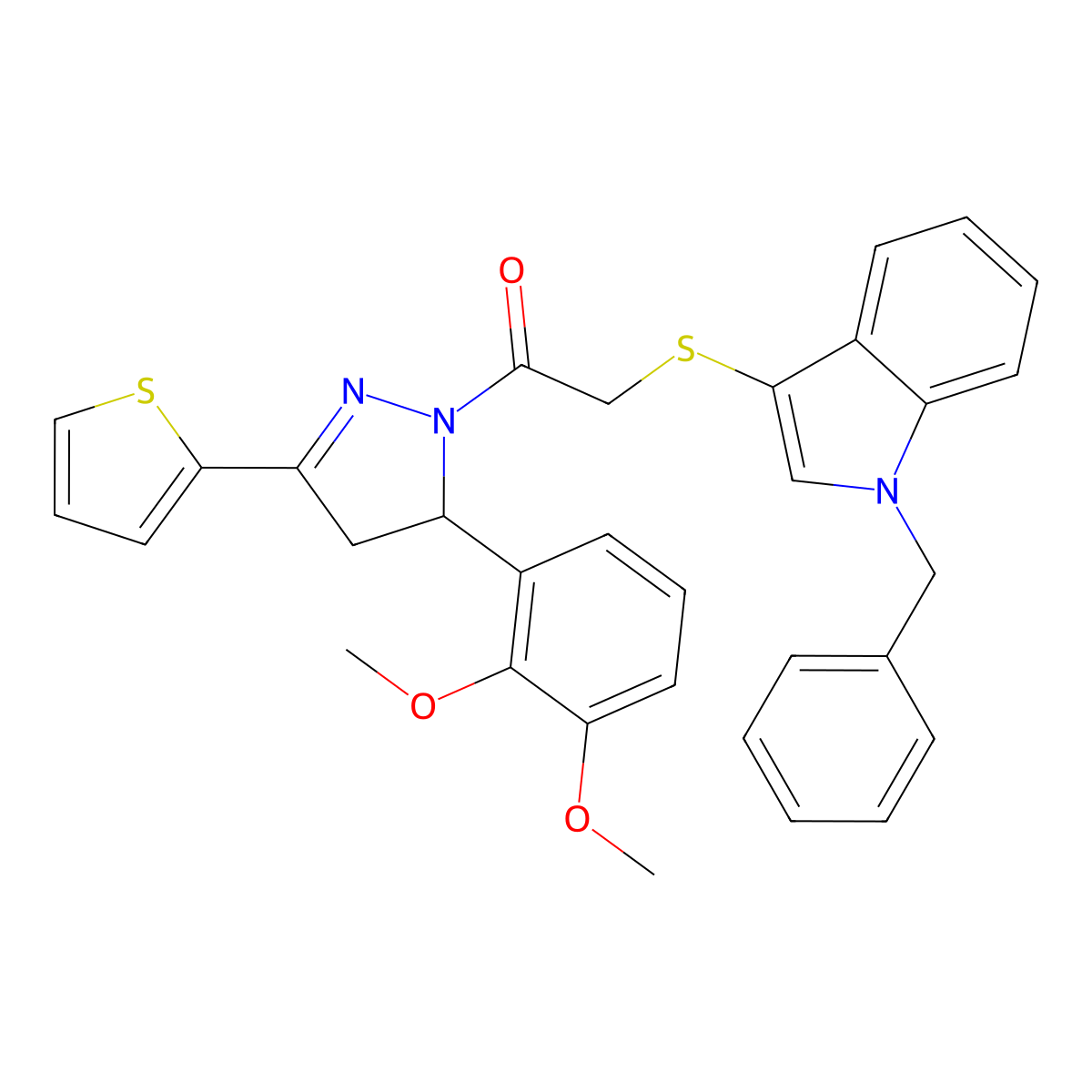 2-((1-benzyl-1H-indol-3-yl)thio)-1-(5-(2,3-dimethoxyphenyl)-3-(thiophen-2-yl)-4,5-dihydro-1H-pyrazol-1-yl)ethanone molecular structure, CAS 681273-90-5