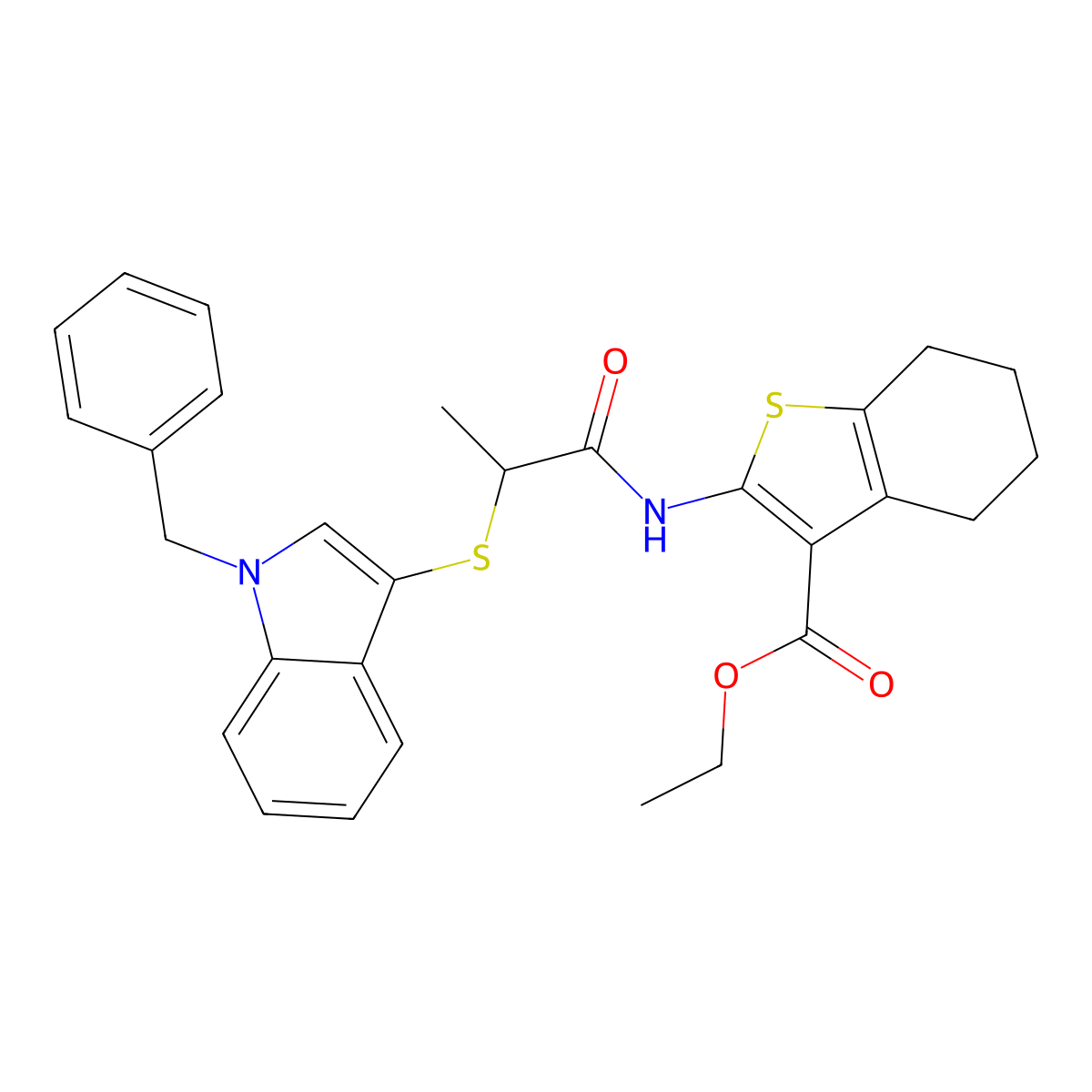 ethyl 2-(2-((1-benzyl-1H-indol-3-yl)thio)propanamido)-4,5,6,7-tetrahydrobenzo[b]thiophene-3-carboxylate molecular structure, CAS 681273-92-7