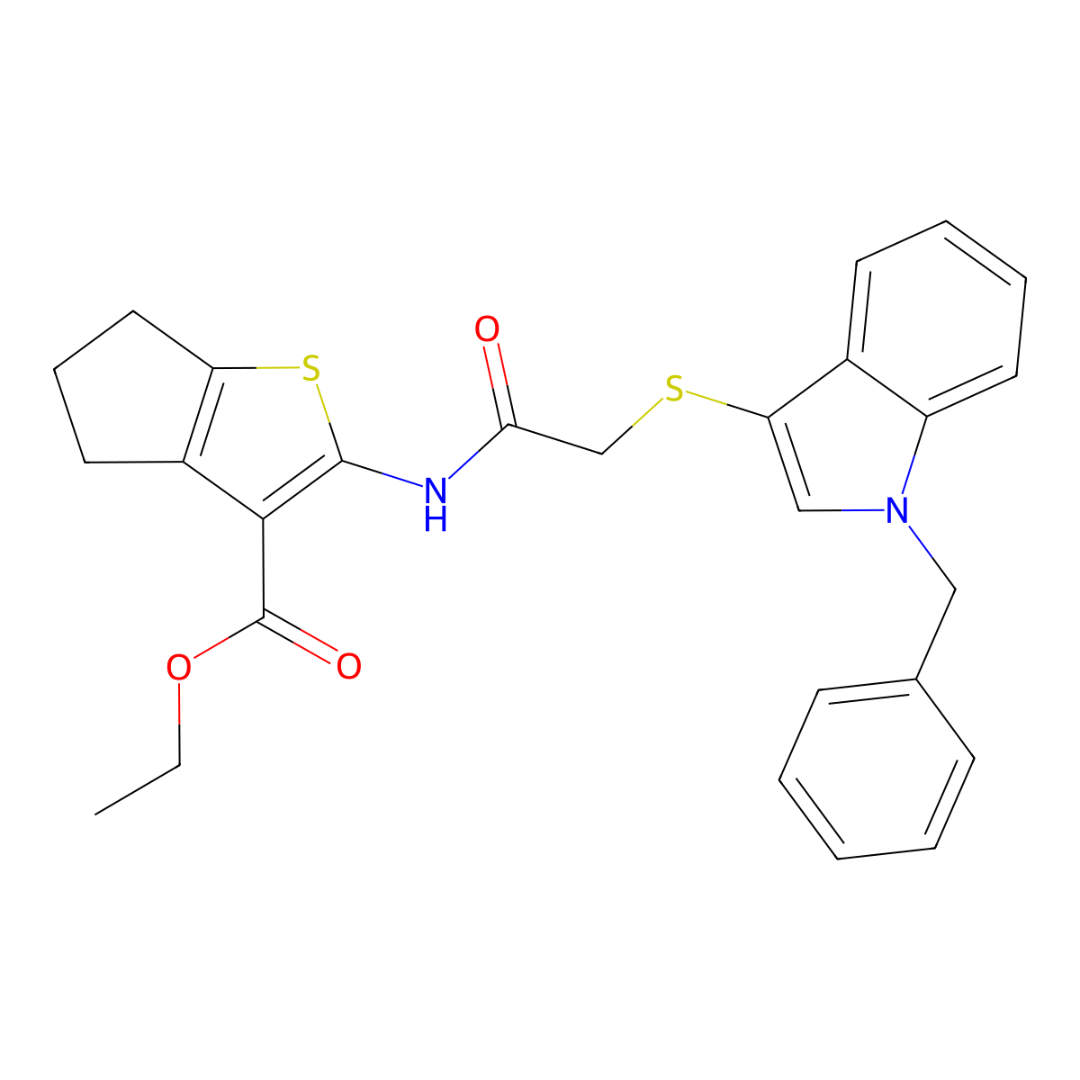 ethyl 2-(2-((1-benzyl-1H-indol-3-yl)thio)acetamido)-5,6-dihydro-4H-cyclopenta[b]thiophene-3-carboxylate molecular structure, CAS 681273-93-8
