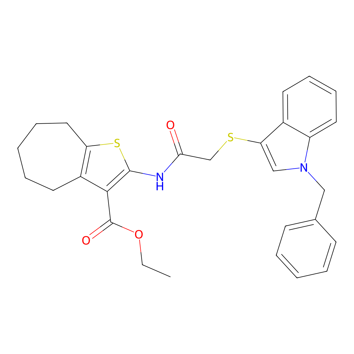 ethyl 2-[[2-(1-benzylindol-3-yl)sulfanylacetyl]amino]-5,6,7,8-tetrahydro-4H-cyclohepta[b]thiophene-3-carboxylate molecular structure, CAS 681273-95-0