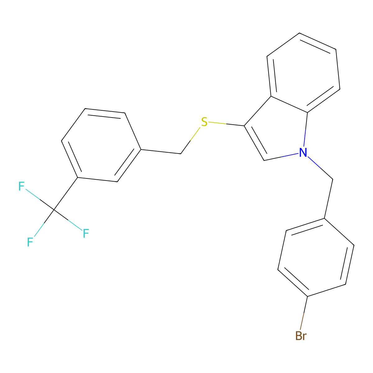 1-(4-bromobenzyl)-3-((3-(trifluoromethyl)benzyl)thio)-1H-indole molecular structure, CAS 681274-09-9