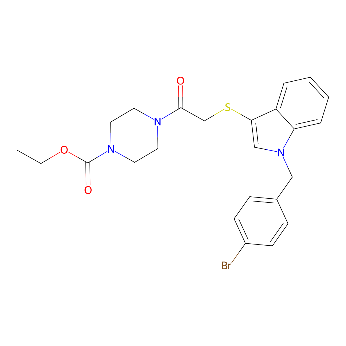 Ethyl 4-[2-[1-[(4-bromophenyl)methyl]indol-3-yl]sulfanylacetyl]piperazine-1-carboxylate molecular structure, CAS 681274-21-5