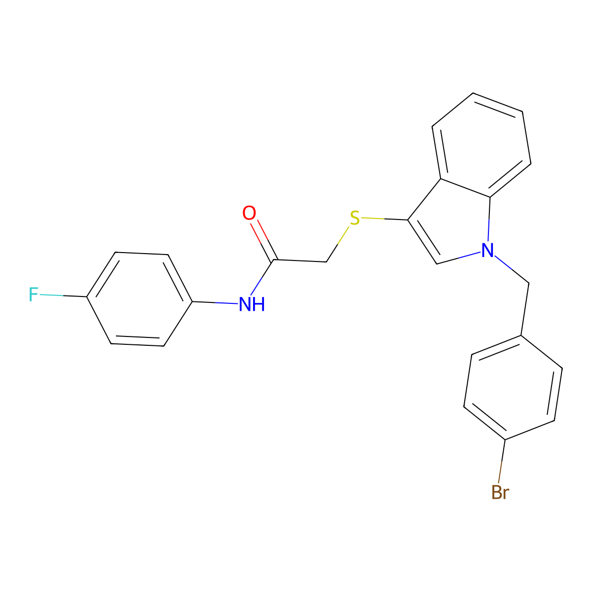 2-[1-[(4-bromophenyl)methyl]indol-3-yl]sulfanyl-N-(4-fluorophenyl)acetamide molecular structure, CAS 681274-29-3