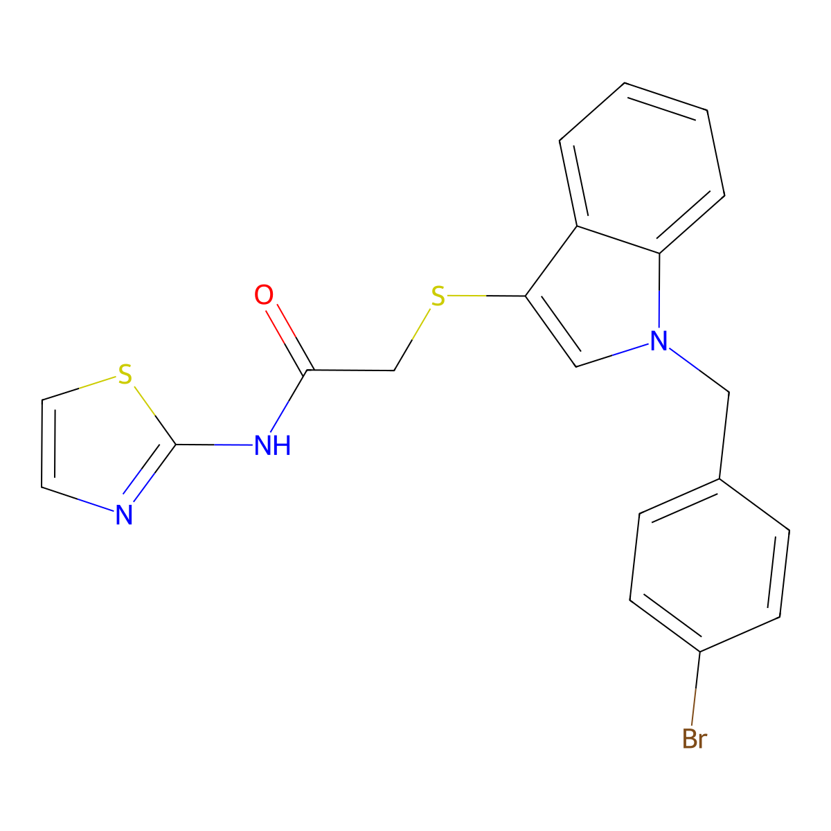 2-[1-[(4-bromophenyl)methyl]indol-3-yl]sulfanyl-N-(1,3-thiazol-2-yl)acetamide molecular structure, CAS 681274-43-1