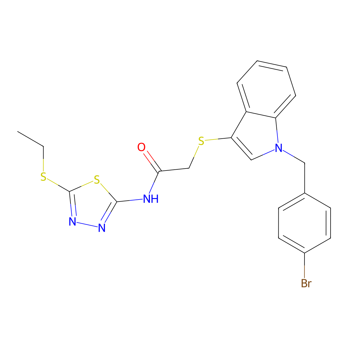 2-[1-[(4-bromophenyl)methyl]indol-3-yl]sulfanyl-N-(5-ethylsulfanyl-1,3,4-thiadiazol-2-yl)acetamide molecular structure, CAS 681274-45-3