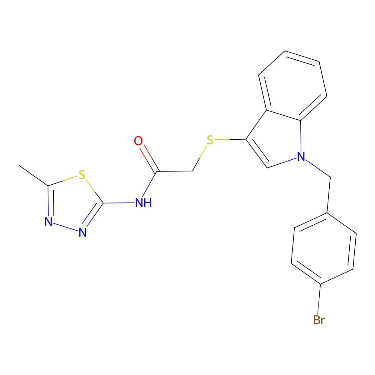 2-[1-[(4-bromophenyl)methyl]indol-3-yl]sulfanyl-N-(5-methyl-1,3,4-thiadiazol-2-yl)acetamide molecular structure, CAS 681274-46-4
