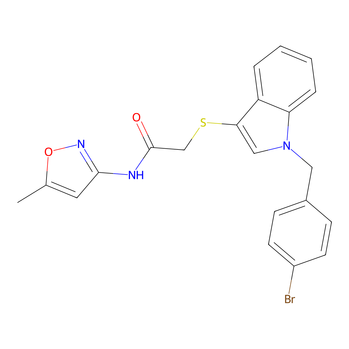 2-[1-[(4-bromophenyl)methyl]indol-3-yl]sulfanyl-N-(5-methyl-1,2-oxazol-3-yl)acetamide molecular structure, CAS 681274-47-5