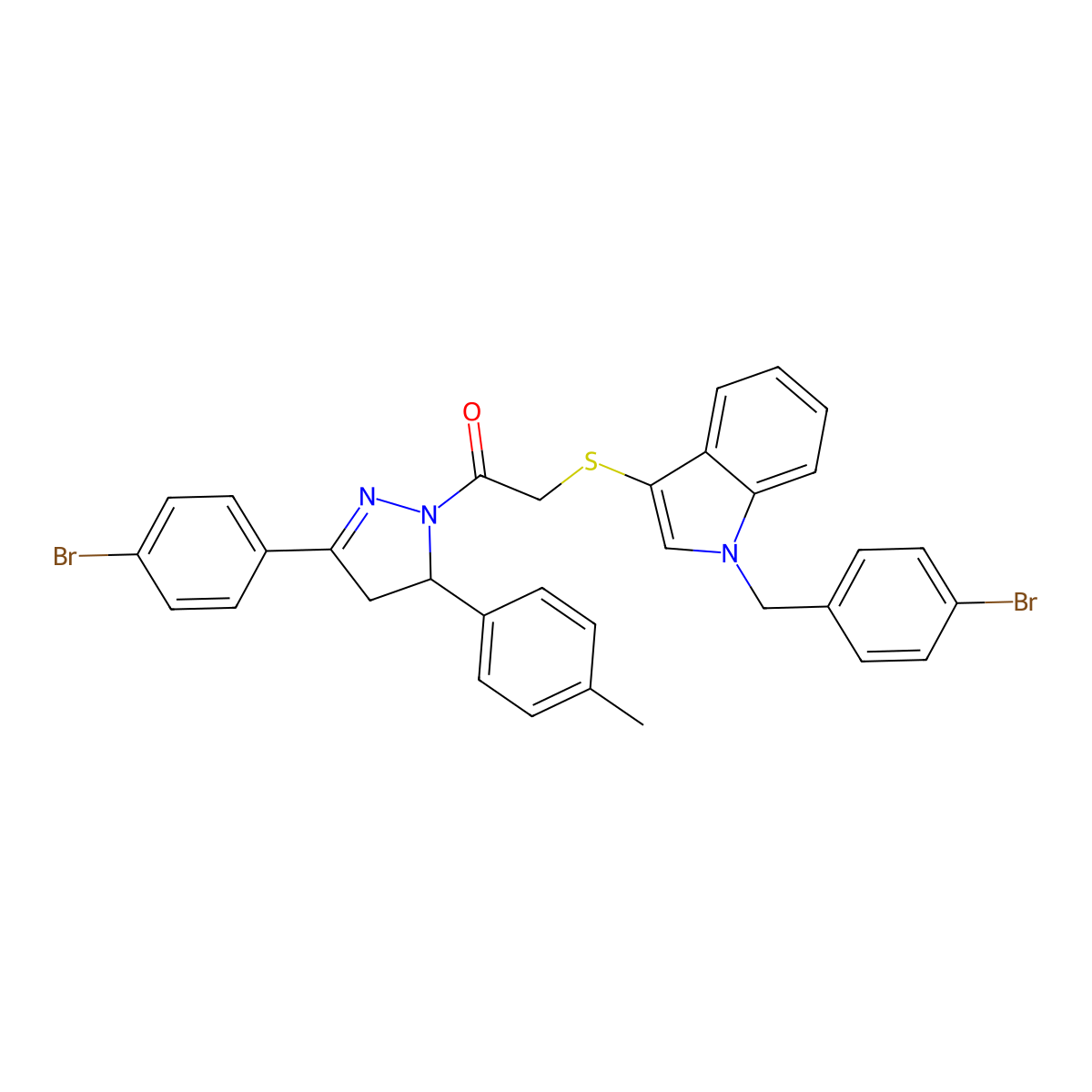 2-((1-(4-bromobenzyl)-1H-indol-3-yl)thio)-1-(3-(4-bromophenyl)-5-(p-tolyl)-4,5-dihydro-1H-pyrazol-1-yl)ethanone molecular structure, CAS 681274-49-7