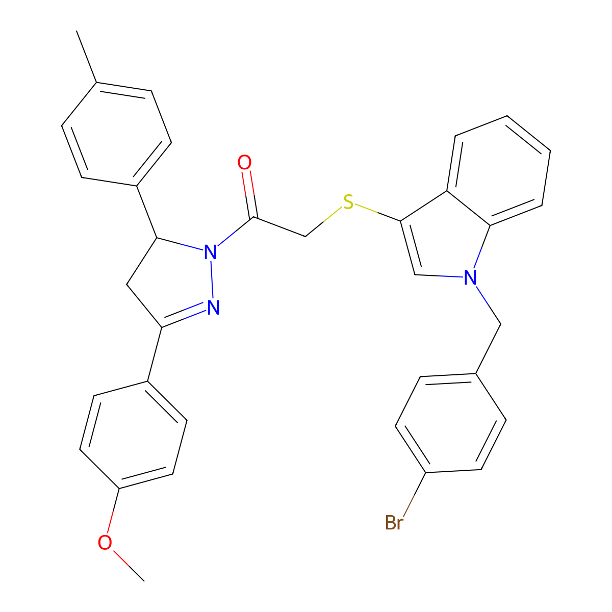 2-((1-(4-bromobenzyl)-1H-indol-3-yl)thio)-1-(3-(4-methoxyphenyl)-5-(p-tolyl)-4,5-dihydro-1H-pyrazol-1-yl)ethanone molecular structure, CAS 681274-50-0