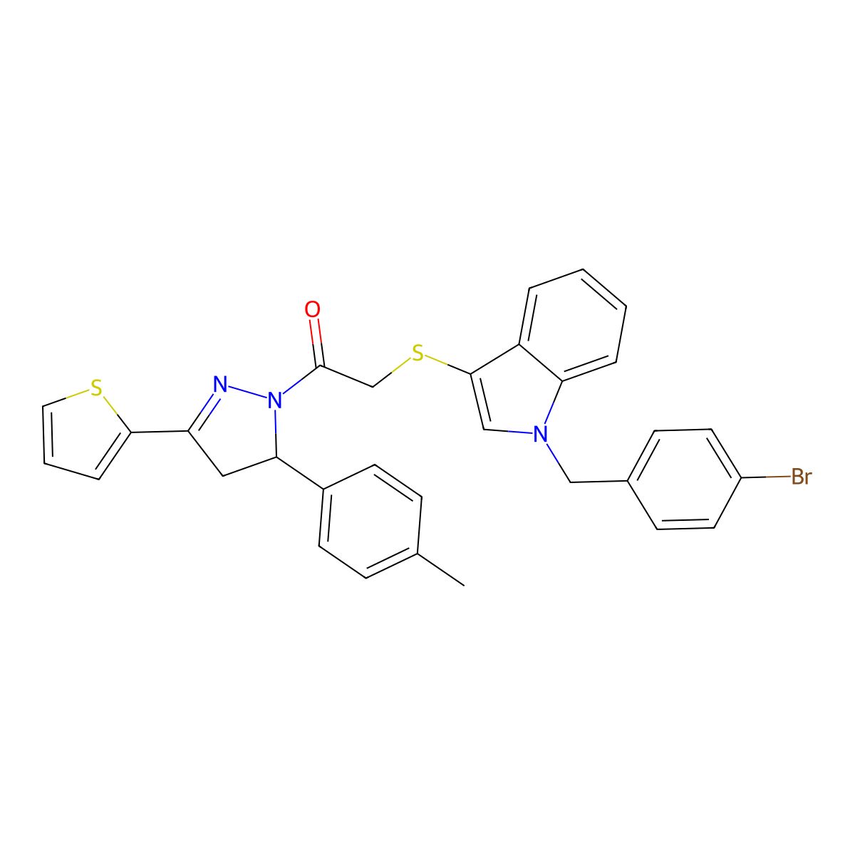 2-[1-[(4-Bromophenyl)methyl]indol-3-yl]sulfanyl-1-[3-(4-methylphenyl)-5-thiophen-2-yl-3,4-dihydropyrazol-2-yl]ethanone molecular structure, CAS 681274-52-2