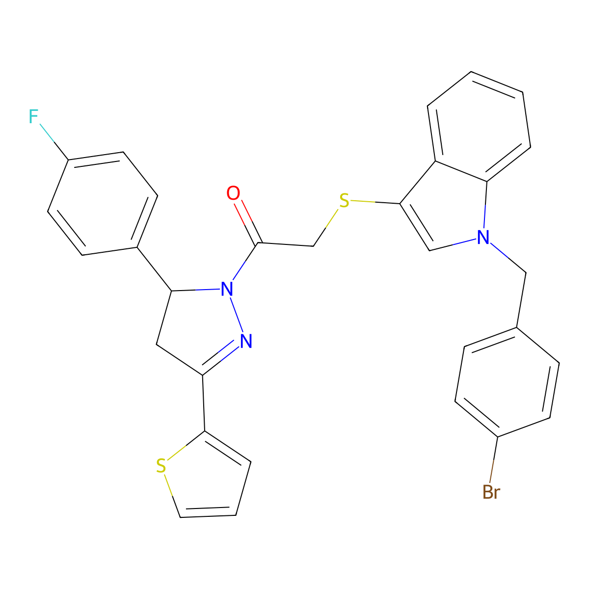 2-((1-(4-bromobenzyl)-1H-indol-3-yl)thio)-1-(5-(4-fluorophenyl)-3-(thiophen-2-yl)-4,5-dihydro-1H-pyrazol-1-yl)ethanone molecular structure, CAS 681274-53-3