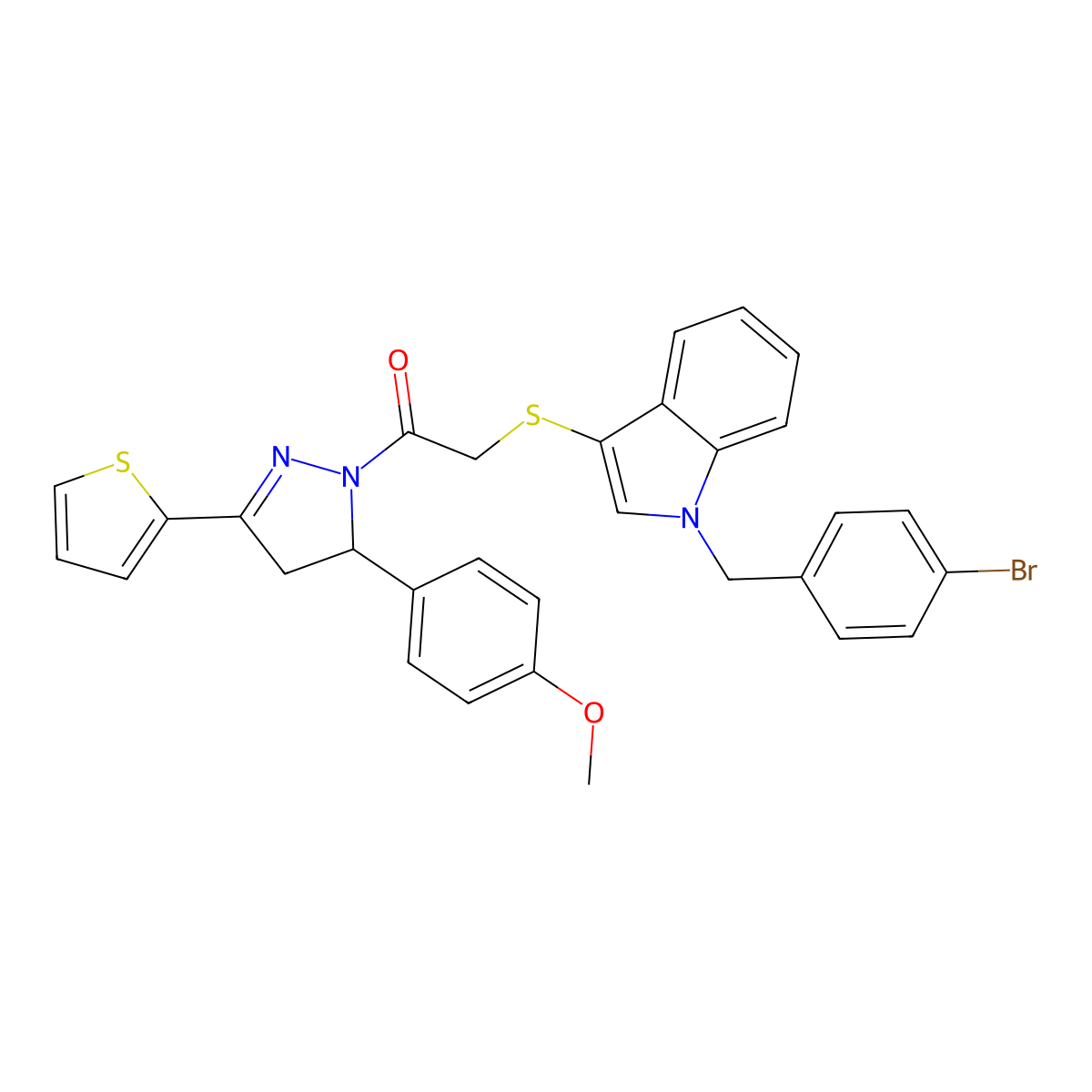 2-((1-(4-bromobenzyl)-1H-indol-3-yl)thio)-1-(5-(4-methoxyphenyl)-3-(thiophen-2-yl)-4,5-dihydro-1H-pyrazol-1-yl)ethanone molecular structure, CAS 681274-54-4