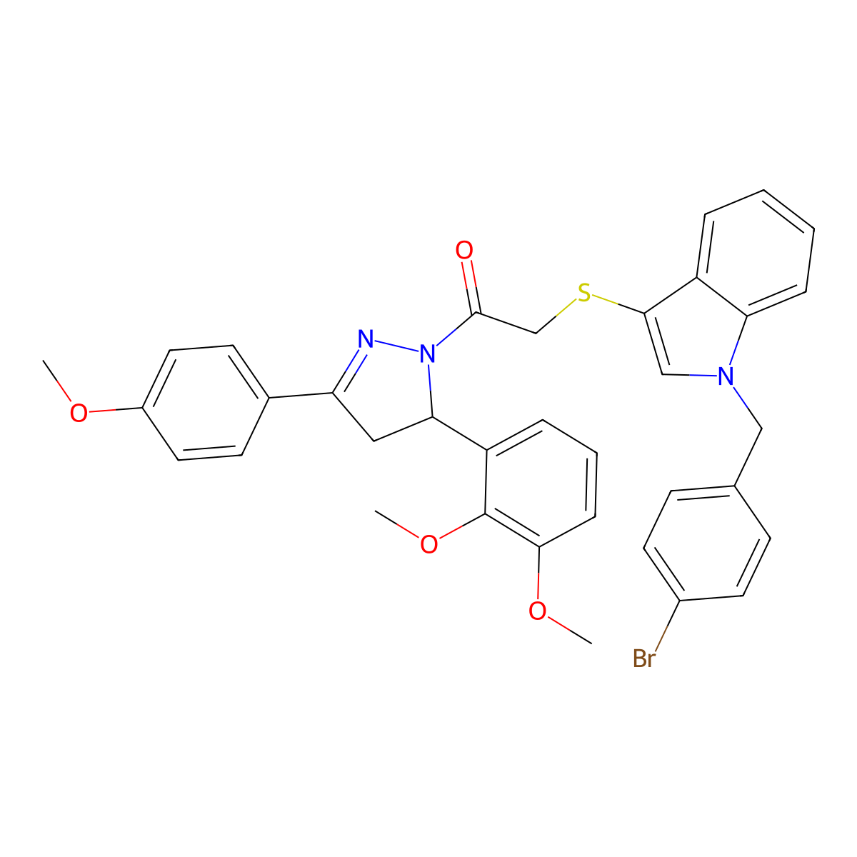 2-((1-(4-bromobenzyl)-1H-indol-3-yl)thio)-1-(5-(2,3-dimethoxyphenyl)-3-(4-methoxyphenyl)-4,5-dihydro-1H-pyrazol-1-yl)ethanone molecular structure, CAS 681274-57-7