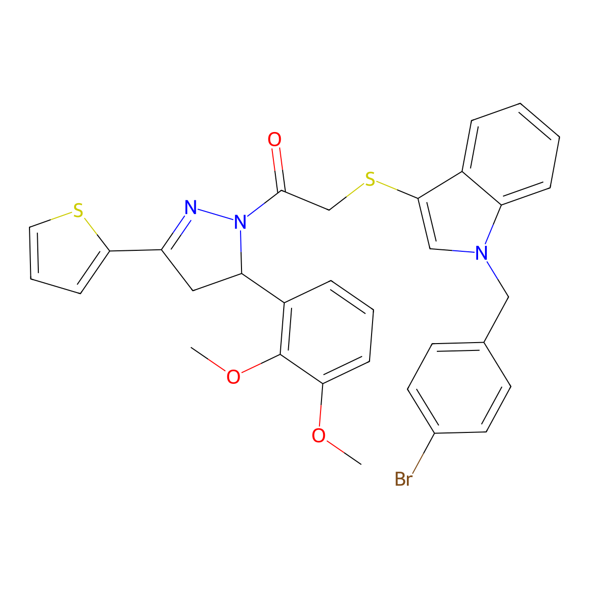 2-[1-[(4-Bromophenyl)methyl]indol-3-yl]sulfanyl-1-[3-(2,3-dimethoxyphenyl)-5-thiophen-2-yl-3,4-dihydropyrazol-2-yl]ethanone molecular structure, CAS 681274-60-2