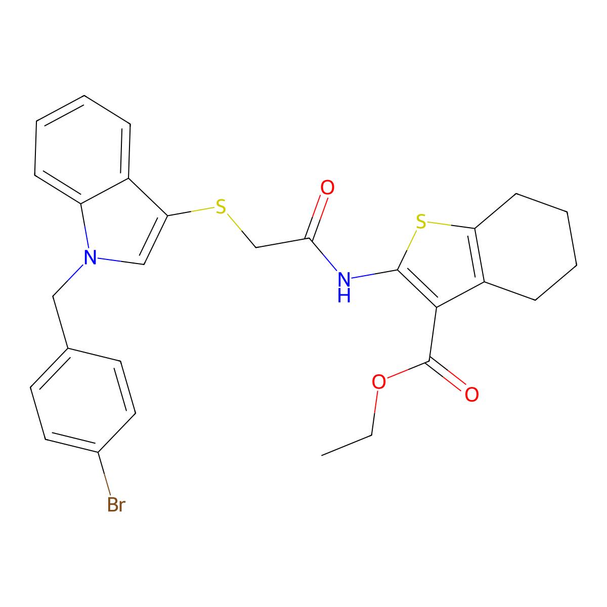 ethyl 2-(2-((1-(4-bromobenzyl)-1H-indol-3-yl)thio)acetamido)-4,5,6,7-tetrahydrobenzo[b]thiophene-3-carboxylate molecular structure, CAS 681274-61-3