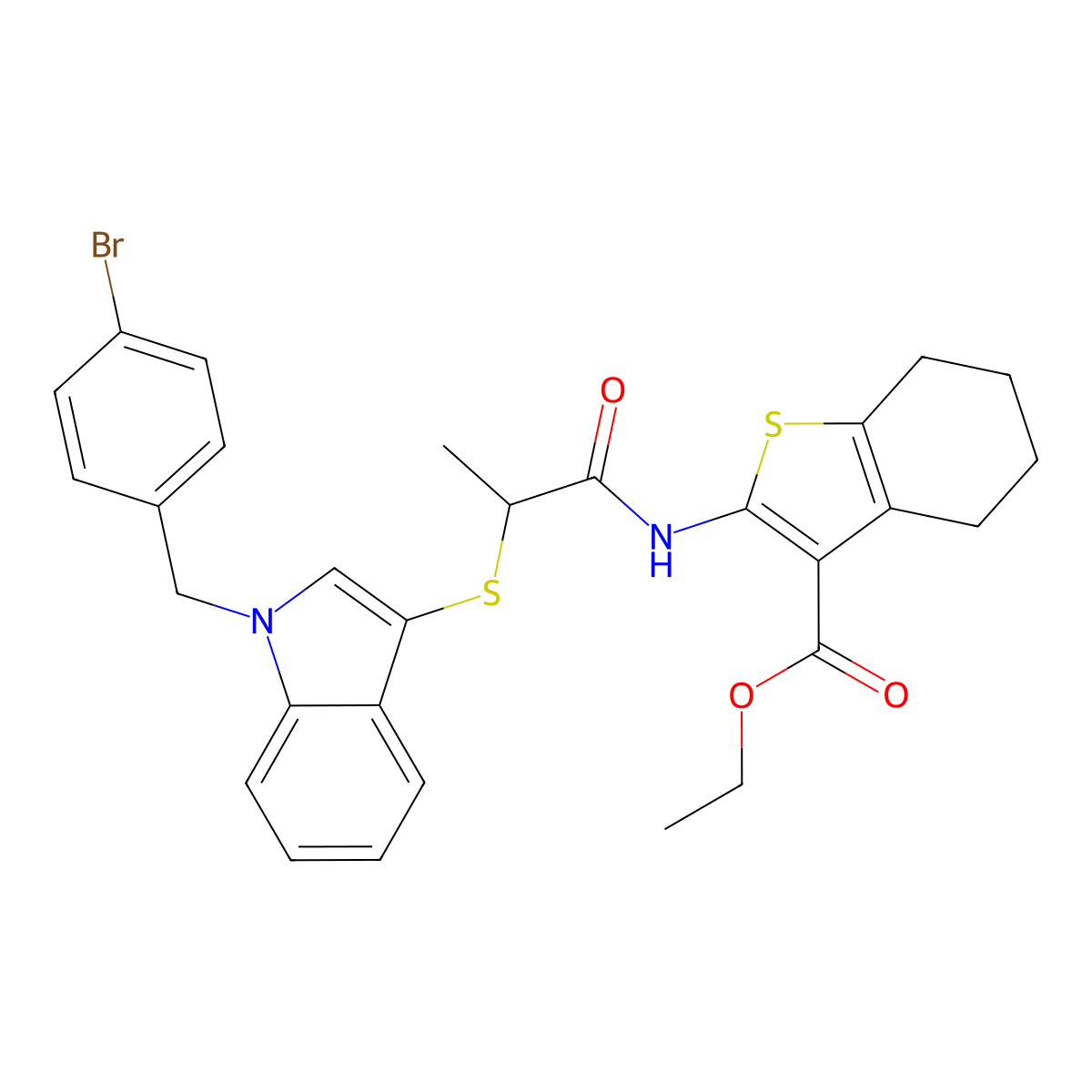 Ethyl 2-[2-[1-[(4-bromophenyl)methyl]indol-3-yl]sulfanylpropanoylamino]-4,5,6,7-tetrahydro-1-benzothiophene-3-carboxylate molecular structure, CAS 681274-63-5