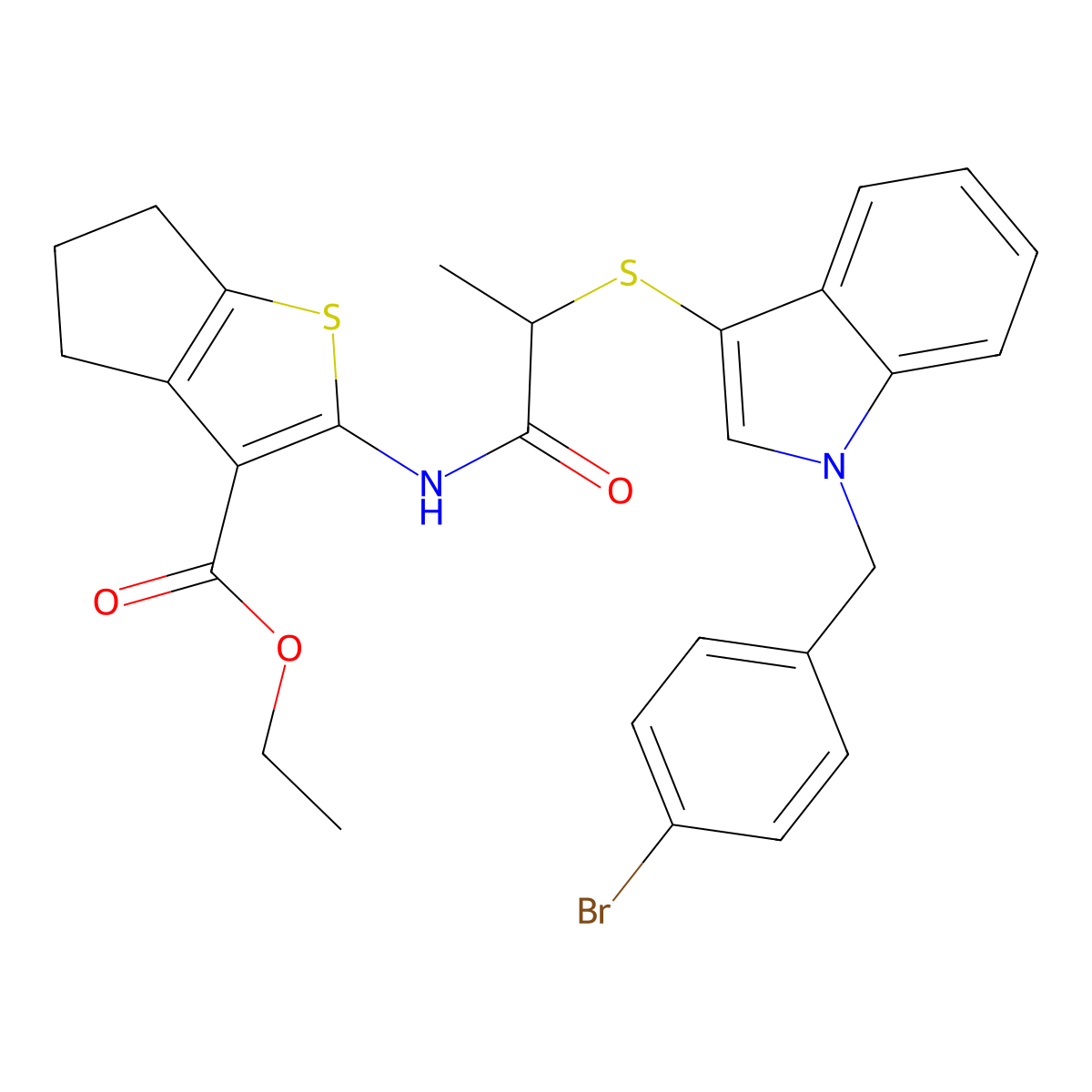 ethyl 2-(2-((1-(4-bromobenzyl)-1H-indol-3-yl)thio)propanamido)-5,6-dihydro-4H-cyclopenta[b]thiophene-3-carboxylate molecular structure, CAS 681274-67-9