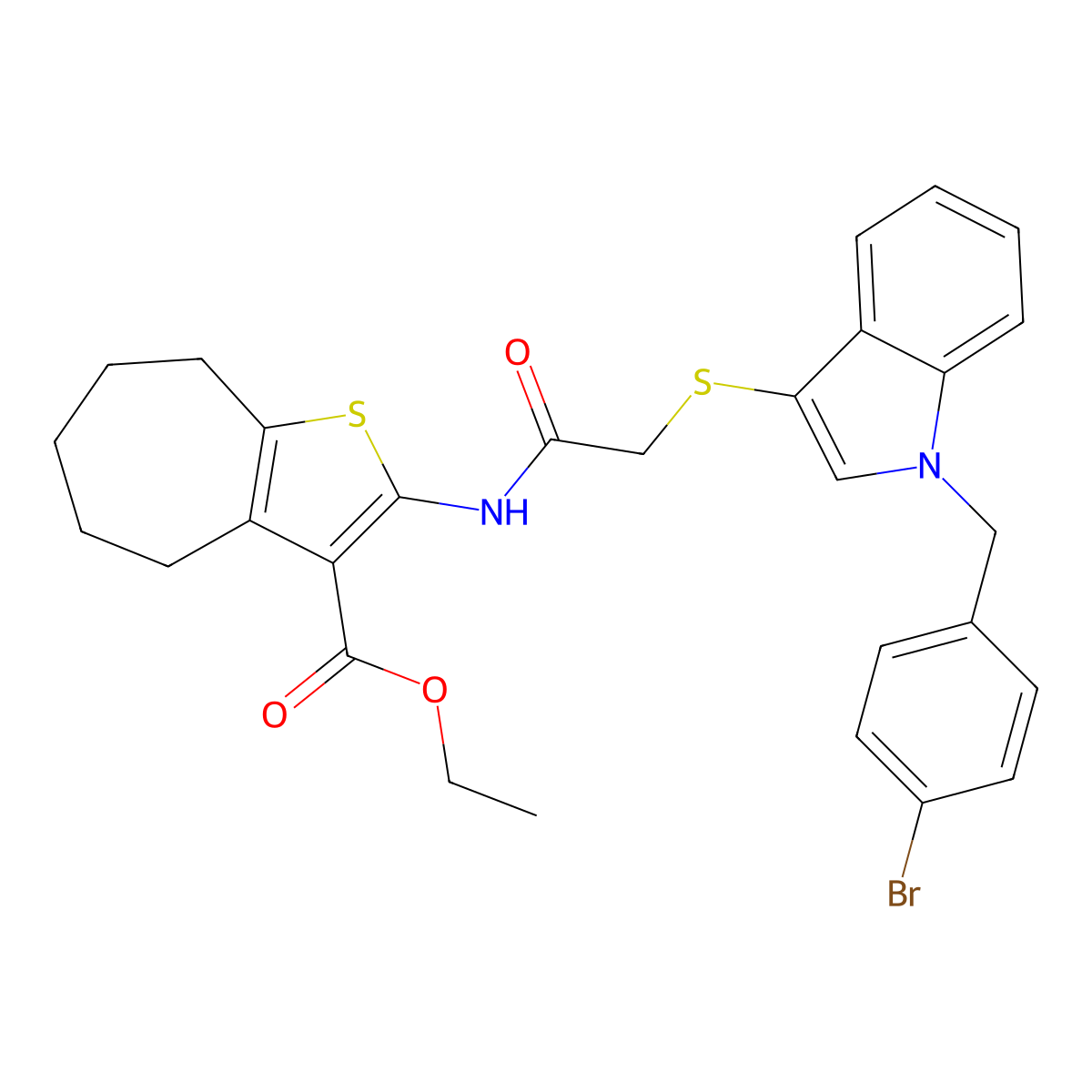 ethyl 2-(2-((1-(4-bromobenzyl)-1H-indol-3-yl)thio)acetamido)-5,6,7,8-tetrahydro-4H-cyclohepta[b]thiophene-3-carboxylate molecular structure, CAS 681274-68-0