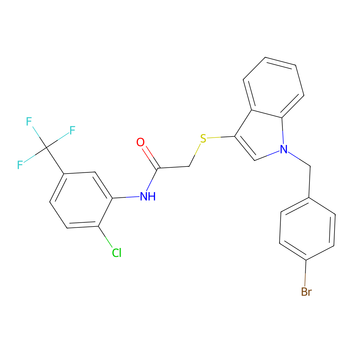 2-[1-[(4-bromophenyl)methyl]indol-3-yl]sulfanyl-N-[2-chloro-5-(trifluoromethyl)phenyl]acetamide molecular structure, CAS 681274-77-1