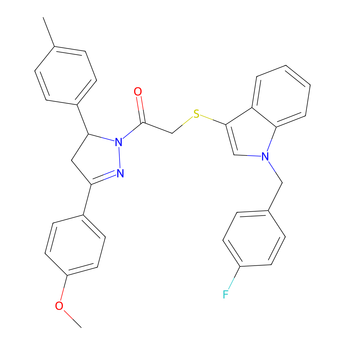 2-((1-(4-fluorobenzyl)-1H-indol-3-yl)thio)-1-(3-(4-methoxyphenyl)-5-(p-tolyl)-4,5-dihydro-1H-pyrazol-1-yl)ethanone molecular structure, CAS 681274-98-6
