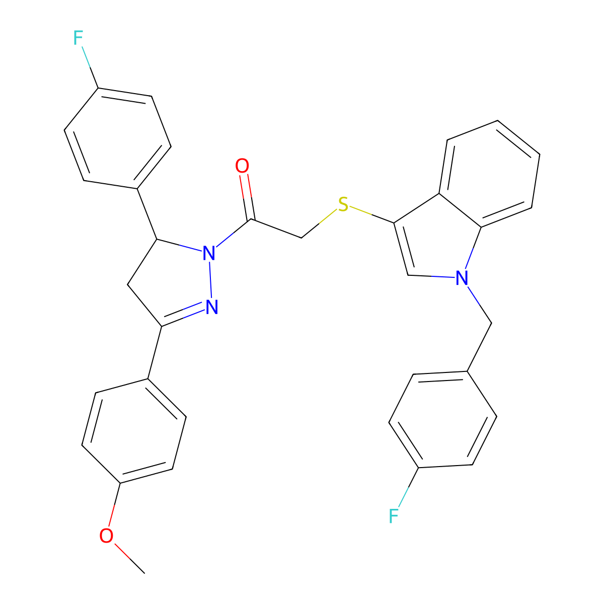 1-[3-(4-Fluorophenyl)-5-(4-methoxyphenyl)-3,4-dihydropyrazol-2-yl]-2-[1-[(4-fluorophenyl)methyl]indol-3-yl]sulfanylethanone molecular structure, CAS 681274-99-7