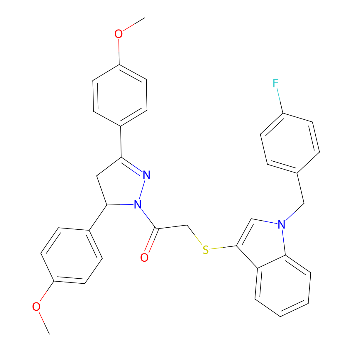 1-[3,5-Bis(4-methoxyphenyl)-3,4-dihydropyrazol-2-yl]-2-[1-[(4-fluorophenyl)methyl]indol-3-yl]sulfanylethanone molecular structure, CAS 681275-07-0