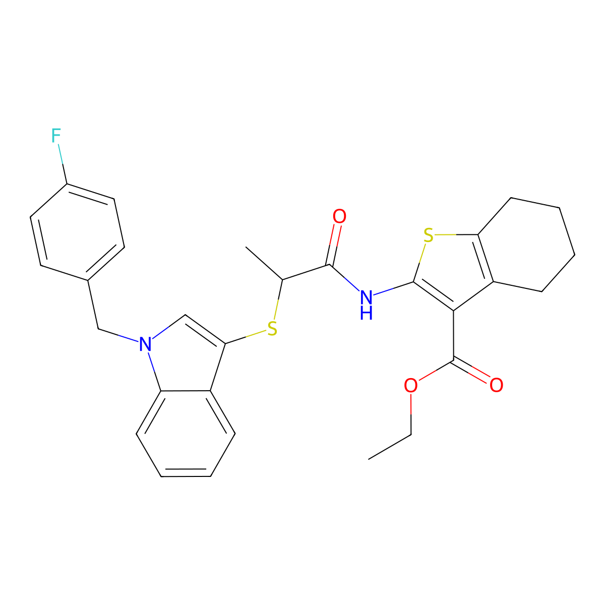 Ethyl 2-[2-[1-[(4-fluorophenyl)methyl]indol-3-yl]sulfanylpropanoylamino]-4,5,6,7-tetrahydro-1-benzothiophene-3-carboxylate molecular structure, CAS 681275-12-7