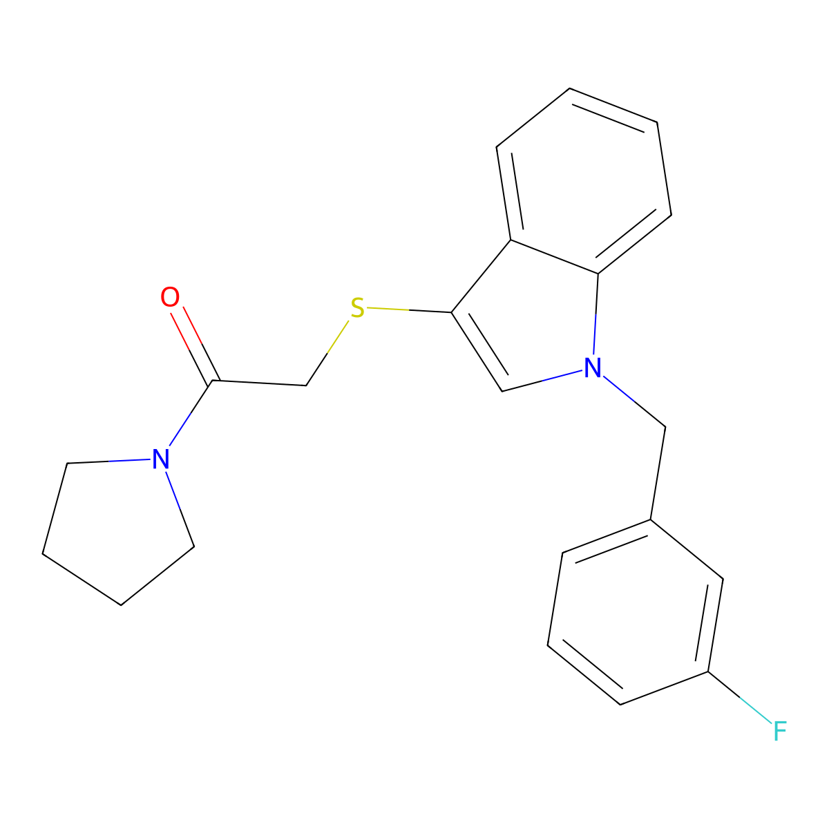 2-[1-[(3-Fluorophenyl)methyl]indol-3-yl]sulfanyl-1-pyrrolidin-1-ylethanone molecular structure, CAS 681275-34-3