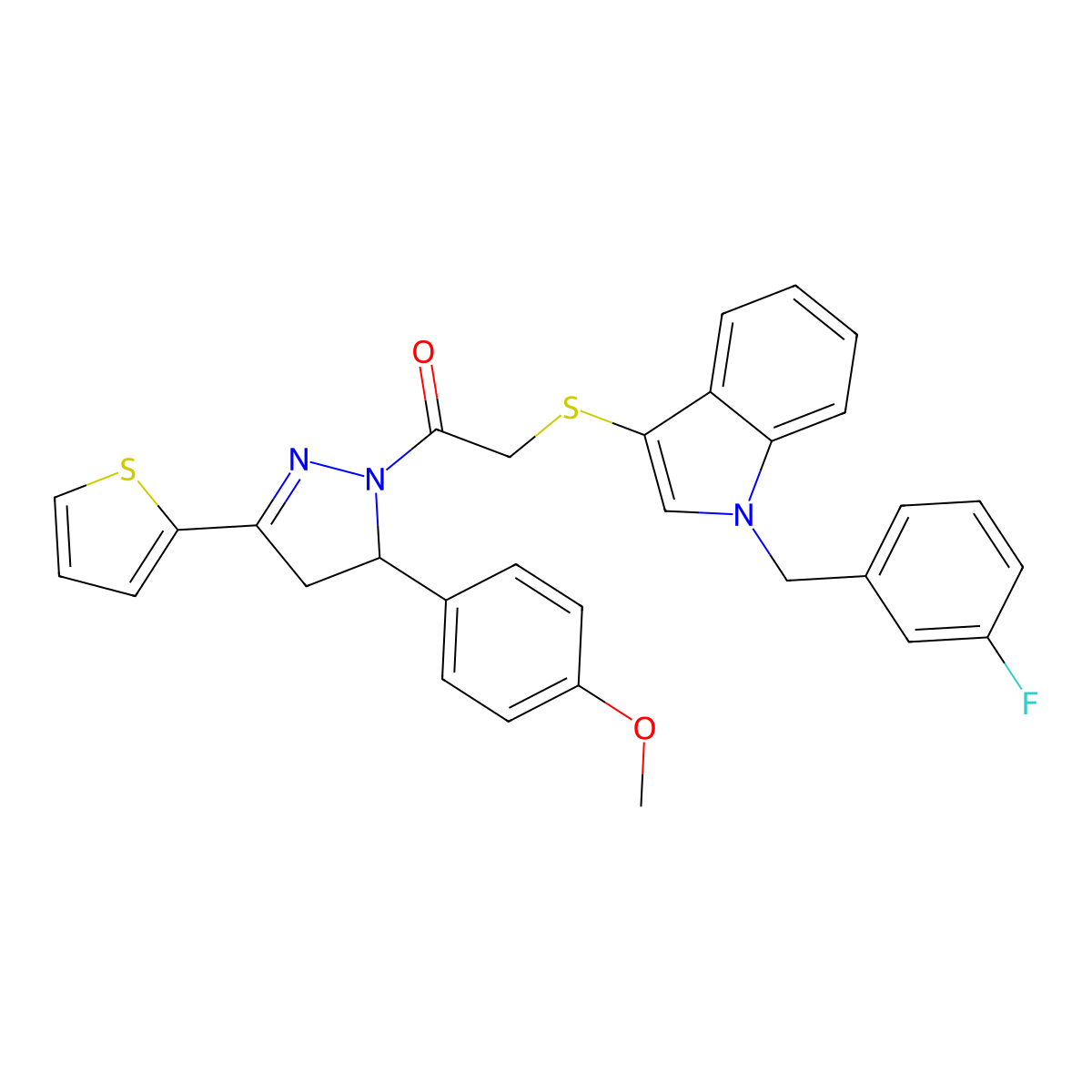 2-((1-(3-fluorobenzyl)-1H-indol-3-yl)thio)-1-(5-(4-methoxyphenyl)-3-(thiophen-2-yl)-4,5-dihydro-1H-pyrazol-1-yl)ethanone molecular structure, CAS 681275-44-5