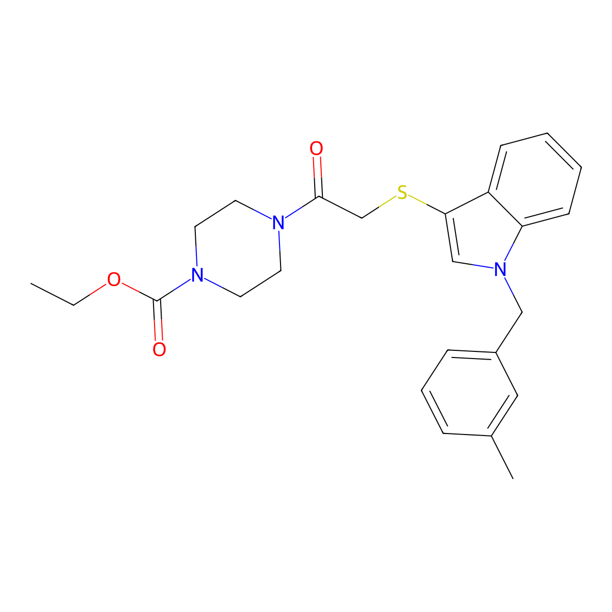 Ethyl 4-[2-[1-[(3-methylphenyl)methyl]indol-3-yl]sulfanylacetyl]piperazine-1-carboxylate molecular structure, CAS 681275-78-5