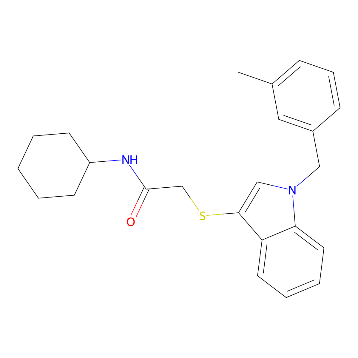 N-cyclohexyl-2-((1-(3-methylbenzyl)-1H-indol-3-yl)thio)acetamide molecular structure, CAS 681275-79-6
