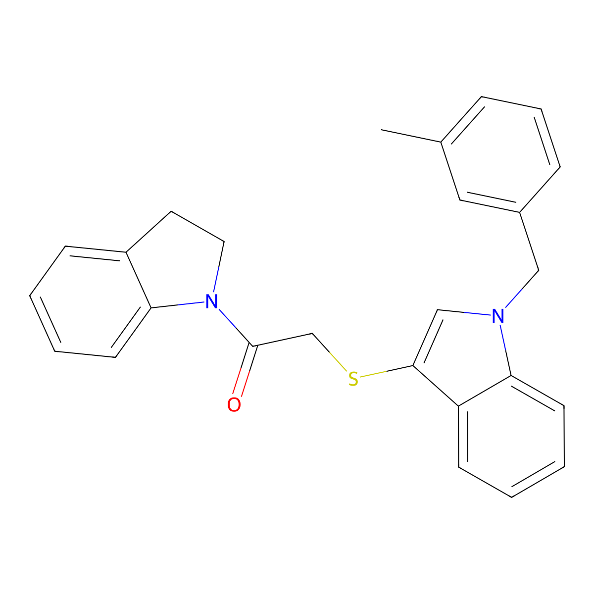 1-(indolin-1-yl)-2-((1-(3-methylbenzyl)-1H-indol-3-yl)thio)ethanone molecular structure, CAS 681275-80-9