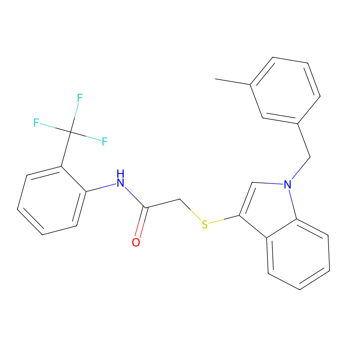 2-[1-[(3-methylphenyl)methyl]indol-3-yl]sulfanyl-N-[2-(trifluoromethyl)phenyl]acetamide molecular structure, CAS 681275-85-4