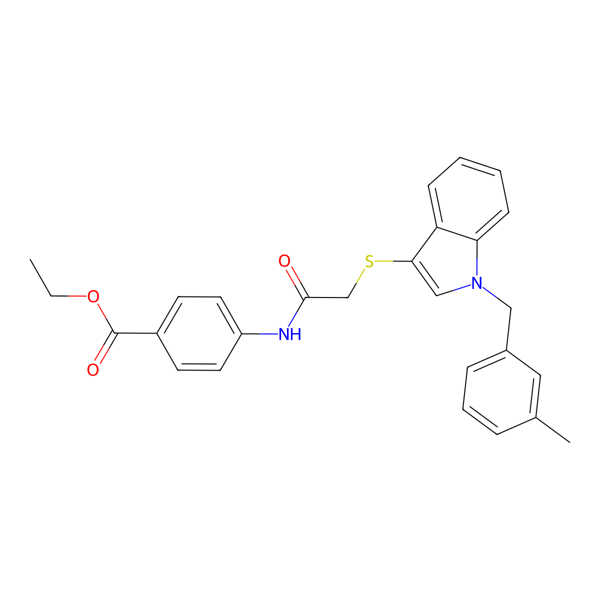 Ethyl 4-[[2-[1-[(3-methylphenyl)methyl]indol-3-yl]sulfanylacetyl]amino]benzoate molecular structure, CAS 681275-90-1